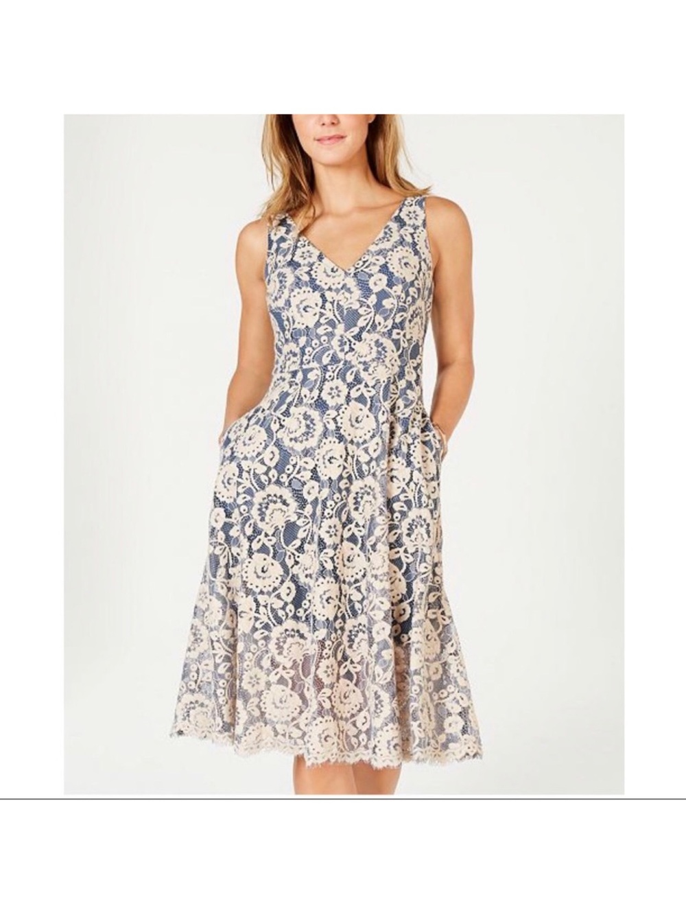 Vince Camuto Blue Dress with Cream Floral Lace Overlay